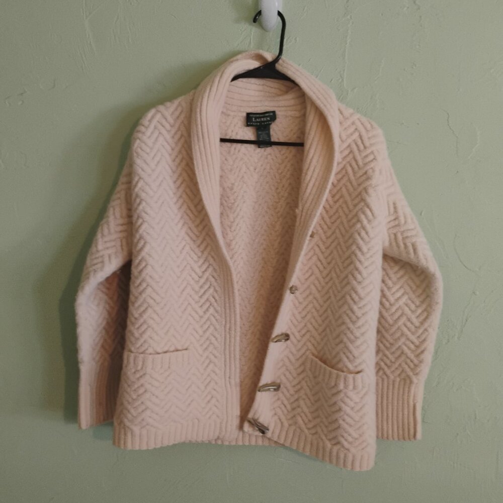 Ralph Lauren 100% Wool Cable Knit sweater/Coat Toggle Buttons Cream Sz L